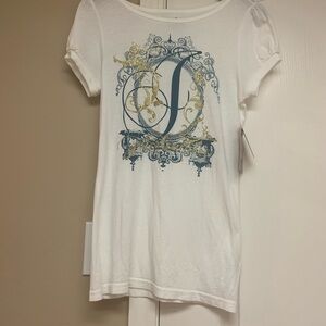 Juicy Couture White Graphic T-Shirt with Blue and Gold Design